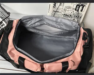 Large capacity pink black travel duffel bag gym sports bag with multiple inner pockets.