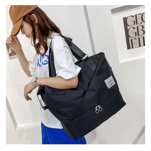 Large capacity travel duffel bag for women, waterproof gym bag with wet dry compartment.
