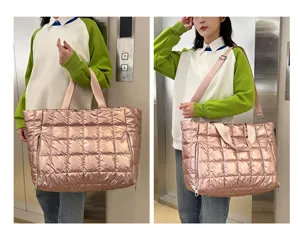 Pink quilted metallic gym bag, spacious tote and shoulder bag for fitness and travel.