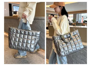 Detailed view of silver puffer tote bag, casual quilted shoulder handbag for daily and fitness.