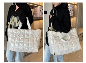 Quilted shiny tote shoulder bag for women, waterproof travel fitness gym duffel bag.