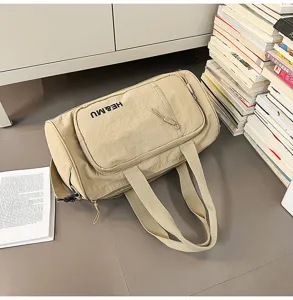 Beige casual travel duffel bag large capacity fitness gym shoulder handbag for women daily use