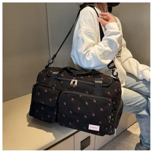 Large capacity corduroy travel duffel bag with cute strawberry print, casual shoulder bag.