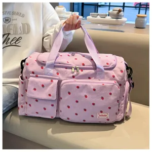 Cute purple corduroy travel duffel bag with lovely strawberry print large capacity.