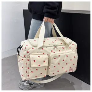 Cute strawberry corduroy travel duffel bag large capacity lightweight gym shoulder bag.