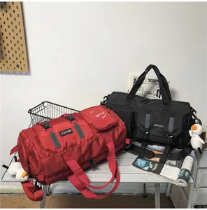 Detailed view of large capacity waterproof travel duffel bag for sports, fitness and short trips.