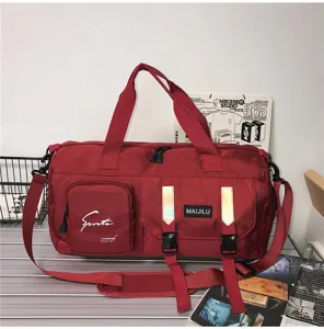 Red multifunctional travel duffel bag with shoulder strap, large capacity fitness gym bag.