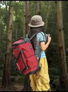Outdoor multi-functional dry and wet separation gym duffel bag in red grid pattern, perfect for travel.