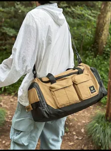 Detail view of the large capacity outdoor duffel fitness bag showcasing dry wet separation.