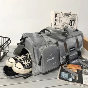 Multifunctional travel gym duffel bag with separate shoe compartment and waterproof design.