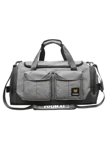 Large capacity grey grid outdoor fitness travel duffel bag front view with pockets