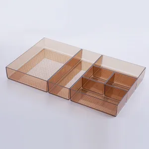 Set di organizzatori per cassetti in plastica trasparente marrone, scatola portaoggetti per trucco.