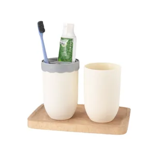 Travel toothbrush holder portable mouthwash cup set with natural wooden storage tray