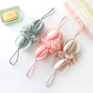 Long strip bath sponge mesh puff with lanyard soft exfoliating body scrubber for daily shower