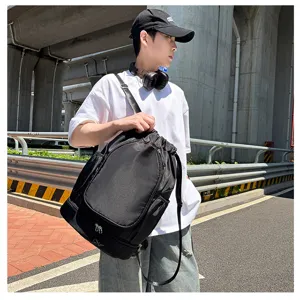 Large capacity black drawstring sports backpack for basketball, badminton, gym fitness use.