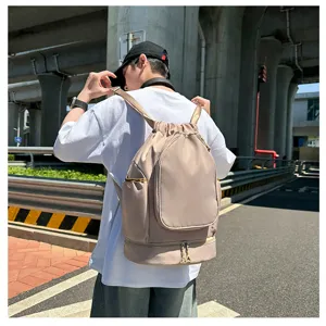 Kaki multi-functional drawstring sports backpack, large capacity fitness bag for men.