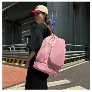 Pink drawstring sports backpack lifestyle detail view, ideal for gym fitness and daily use.