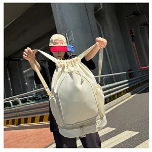Large capacity drawstring sports backpack off white gym bag with bottom compartment for fitness