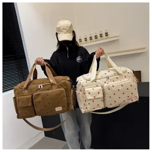 Cute corduroy travel duffel bag large capacity strawberry pattern shoulder bag for women detail