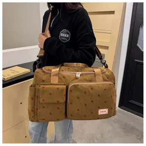 Cute corduroy travel duffel bag for women, large capacity strawberry print gym shoulder bag
