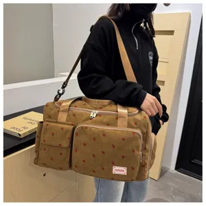 Corduroy travel duffel bag for women, cute strawberry print large capacity weekender bag.