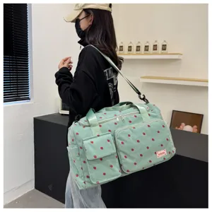 Cute strawberry print corduroy travel duffel bag large capacity casual shoulder bag