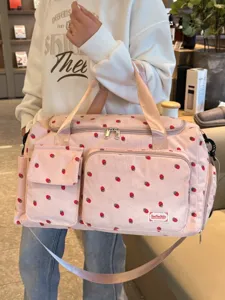 Cute Travel Bag Large Capacity Storage Luggage Bag Women Lightweight Handbag Crossbody Bag Strawberry Print Corduroy