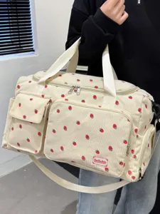 Cute strawberry corduroy travel duffel bag large capacity lightweight shoulder handbag
