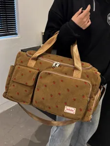 Cute corduroy travel bag large capacity strawberry print shoulder handbag fitness sports luggage.