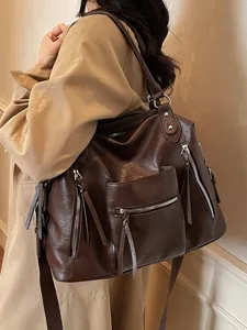 Vrouwen grote capaciteit schoudertas retro bruin PU lederen tas met vele zakken