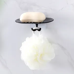 Wall mounted soap dish holder with drainage and hook for bathroom shower sponge storage.