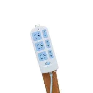 Home wall mounted power strip with multiple AC outlets and switch, white and blue.