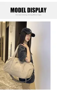 Large capacity duffel bag, indoor model carrying scene, waterproof sport travel use.