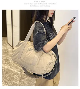 Beige canvas travel duffel bag large capacity shoulder messenger bag for daily gym sport