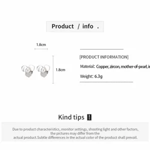 Elegant clover pearl zircon earrings detail info card showing material and product dimensions.