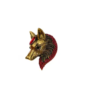 Vintage gouden vos hoofd broche speld met rode strass kristallen voor dames jasje.