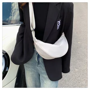 Nylon crescent crossbody bag for women, lightweight casual white dumpling shoulder bag.
