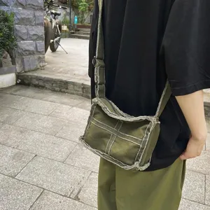 Sac bandoulière en toile style rétro japonais avec bords effilochés, sac décontracté.