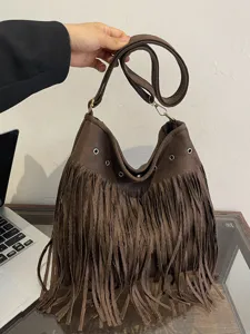 Brown suede fringe hobo shoulder bag casual large capacity crossbody handbag for women