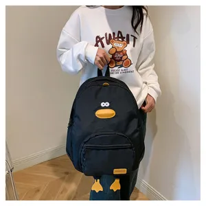 Zaino nero carino con motivo a papera di cartone animato per ragazze, borsa casual in tela.