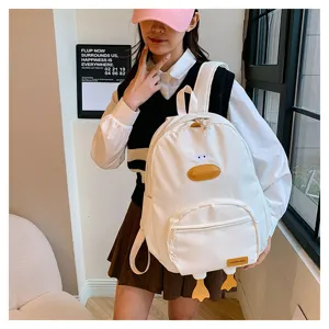 Zaino bianco carino con paperella dei cartoni animati per ragazze e studenti, borsa scolastica.