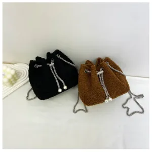Fashion plush drawstring bucket bag with chain strap, soft fluffy crossbody handbag for women.