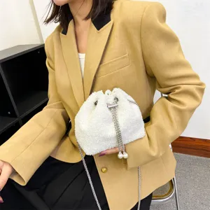 Fashion Plush Drawstring Bucket Bag Women Soft Faux Fur Crossbody Shoulder Bag With Chain And Pearl Pendant Handbag