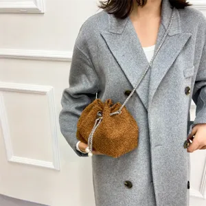 Fashion plush drawstring bucket bag fluffy chain crossbody bag for women winter trendy