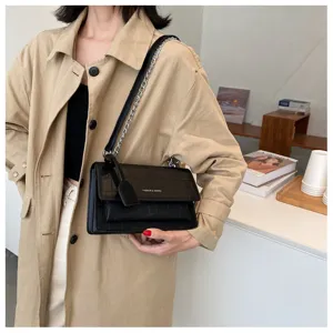Women black crocodile pattern crossbody bag stylish chain shoulder handbag casual mini square purse