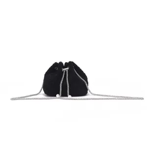 Black plush drawstring bucket bag with silver chain and pearls for women fashion style.