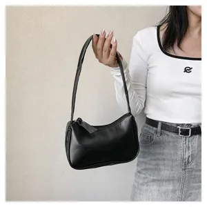 Minimalistische schwarze Damen Achseltasche, schicke trendige PU Leder Alltag Handtasche Stil.