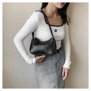 Minimalistische schwarze PU-Leder Achsel-Umhängetasche für Damen, schicke Hobo-Tasche für Alltag.