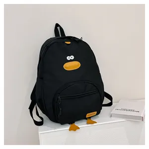 Zaino nero con simpatico papero dei cartoni animati per donne, borsa studentesca.