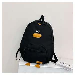 Zaino scolastico nero con simpatica fantasia di papera e becco giallo per studenti giovani.